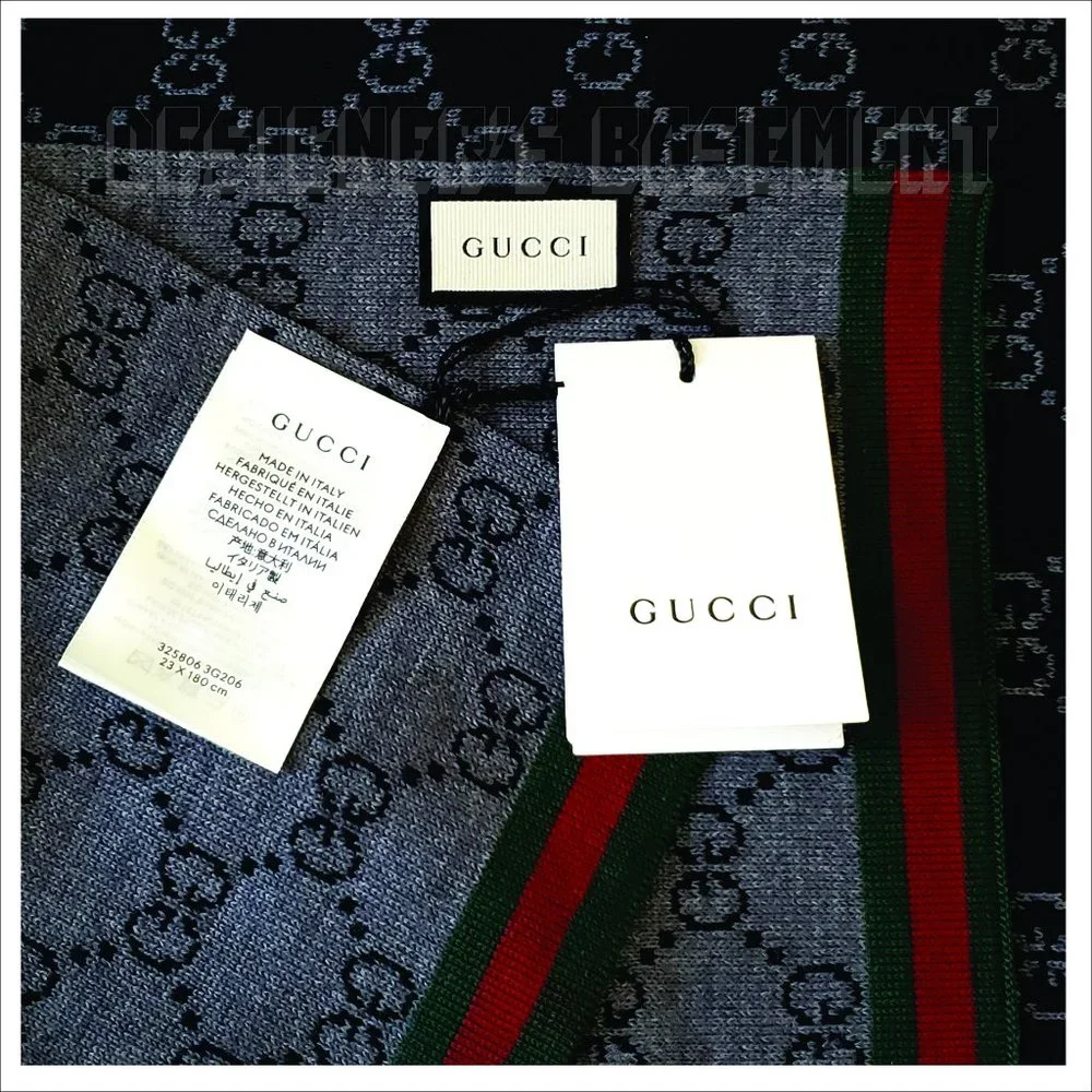 GUCCI black /gray SOLANGE Original GG red & green WEB wool reversible long scarf